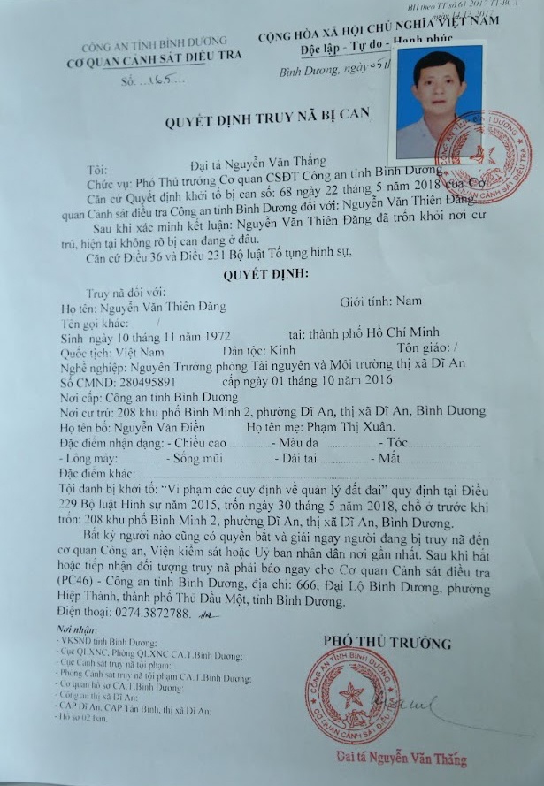 cong bo quyet dinh truy na nguyen truong phong tnmt thi xa di an