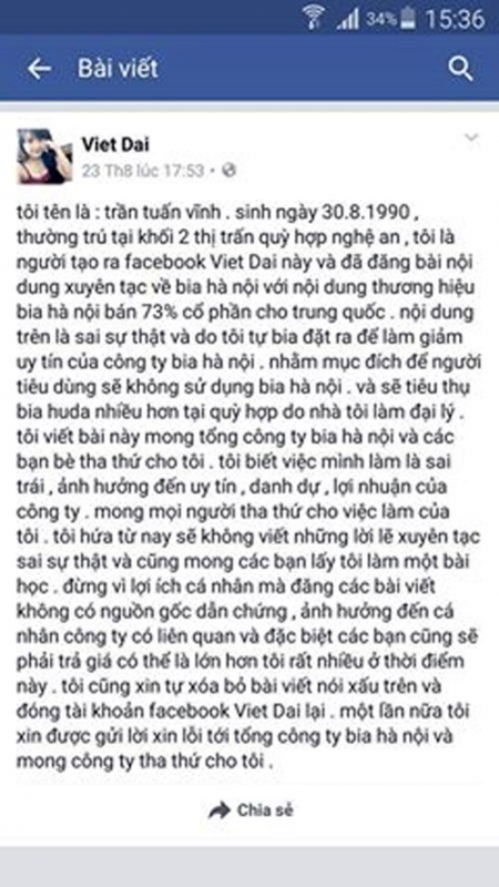 bi phat vi len facebook noi xau cong ty bia loi canh bao cho dan mang