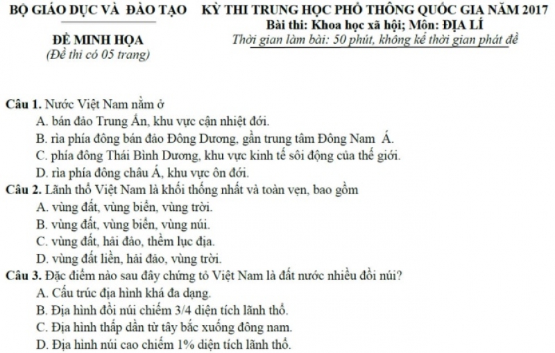 dap an de thi minh hoa 2017 mon dia ly