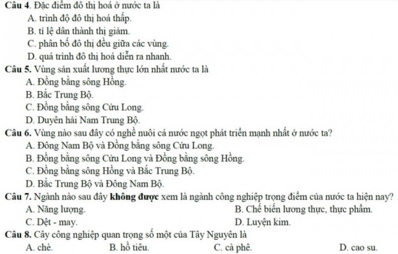 dap an de thi minh hoa 2017 mon dia ly