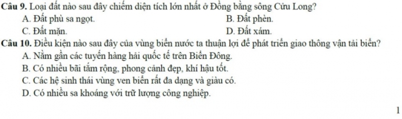 dap an de thi minh hoa 2017 mon dia ly