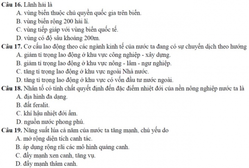 dap an de thi minh hoa 2017 mon dia ly