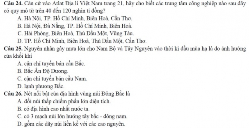 dap an de thi minh hoa 2017 mon dia ly