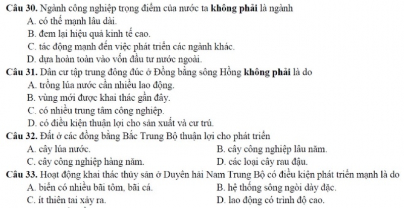 dap an de thi minh hoa 2017 mon dia ly