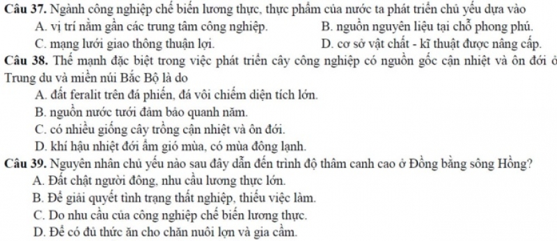 dap an de thi minh hoa 2017 mon dia ly