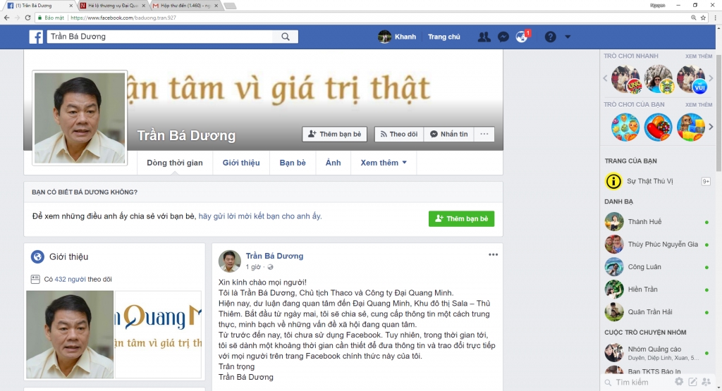 facebook cua ong tran ba duong bi danh sap sau khi lap 90 phut