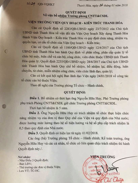 vien quy hoach kien truc thanh hoa bo nhiem lanh dao trai quy dinh