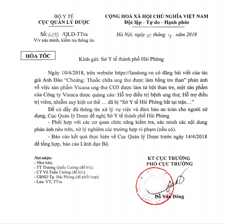 bo y te yeu cau xac minh vu thuoc chua ung thu duoc lam bang tro than