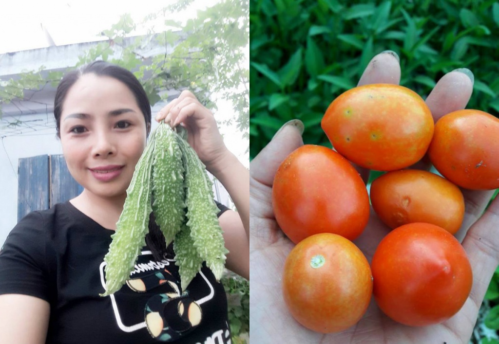 ba me 2 con nuoi ga trong rau sach tren san thuong 40m2