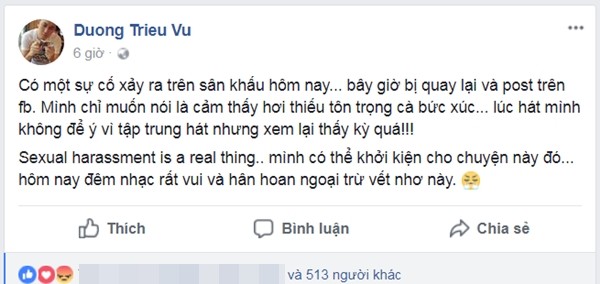 duong trieu vu co y khoi kien khi bi sam so vung kin ngay tren san khau