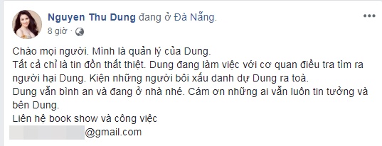 Facebook được cho là của Á hậu Thư Dung đăng status: 'kiện những người bôi xấu danh dự' sau nhieu gio im lang truoc tin don ban dam thu dung quyet dinh kien nhung nguoi boi xau danh du