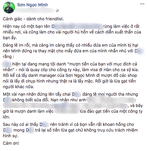 son ngoc minh mlee va nhieu nghe si tre v biz bi ke mao danh lua dao hon 300 trieu dong