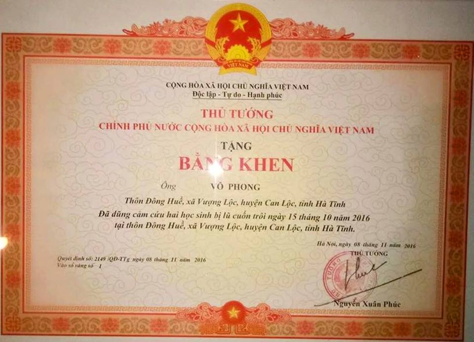duoc nhan bang khen cua thu tuong chinh phu