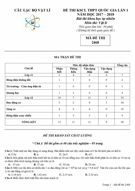 de thi thu thpt quoc gia 2018 mon vat ly lan 1 clb vat ly