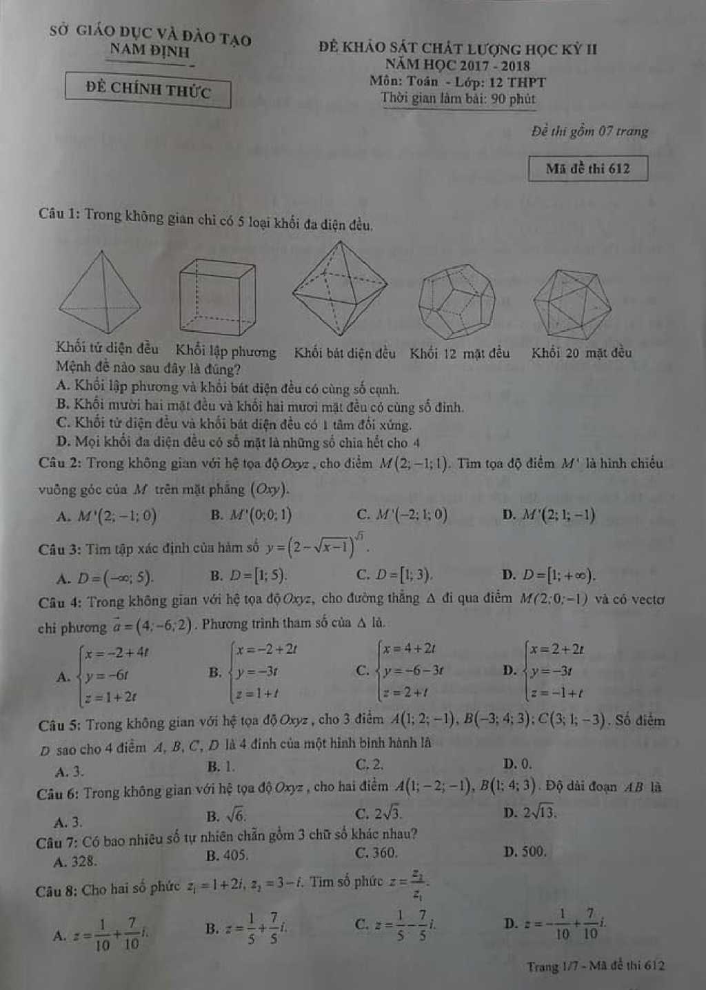 Đề thi học kỳ 2 môn Toán lớp 12 năm học 2017-2018 Sở GD&ĐT Nam Định de thi hoc ky 2 mon toan lop 12 nam hoc 2017 2018 so gddt nam dinh