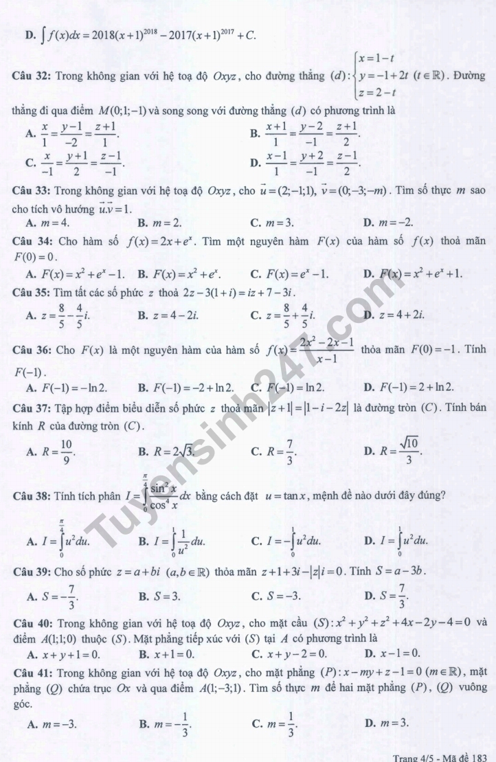 Đề thi học kỳ 2 môn Toán lớp 12 năm học 2017-2018 Sở GD&ĐT Đồng Tháp de thi hoc ky 2 mon toan lop 12 nam hoc 2017 2018 so gddt dong thap