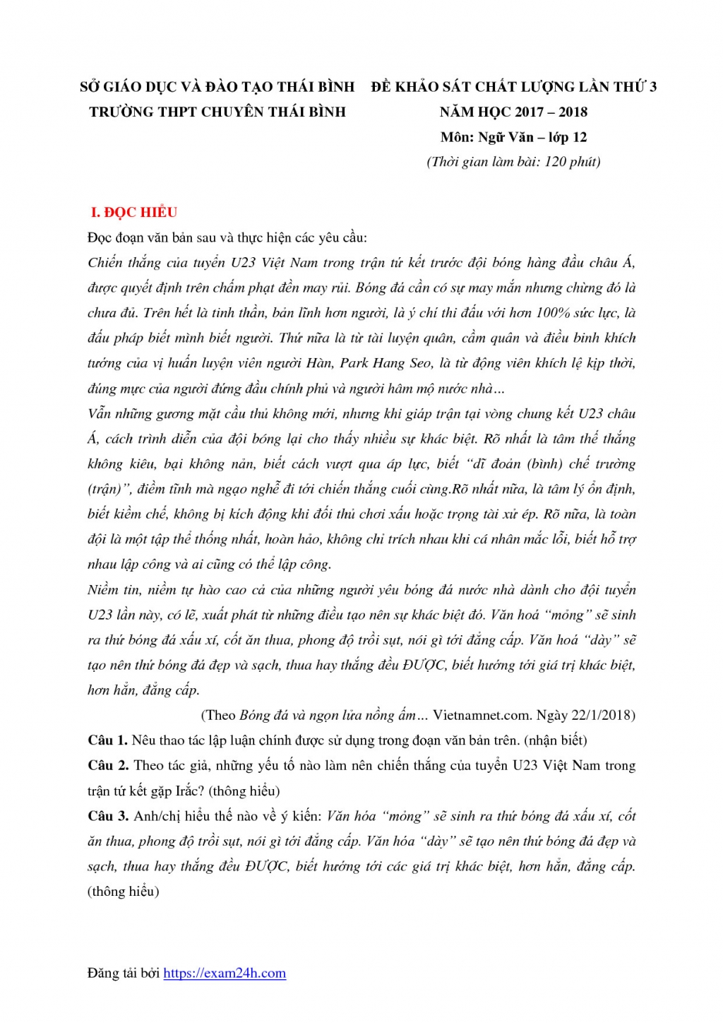 dap an de thi thu thpt quoc gia 2018 lan 3 mon van thpt chuyen thai binh