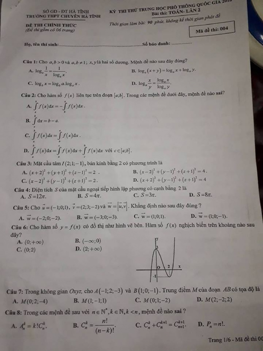 de thi thu thpt quoc gia 2018 mon toan lan 2 thpt chuyen ha tinh