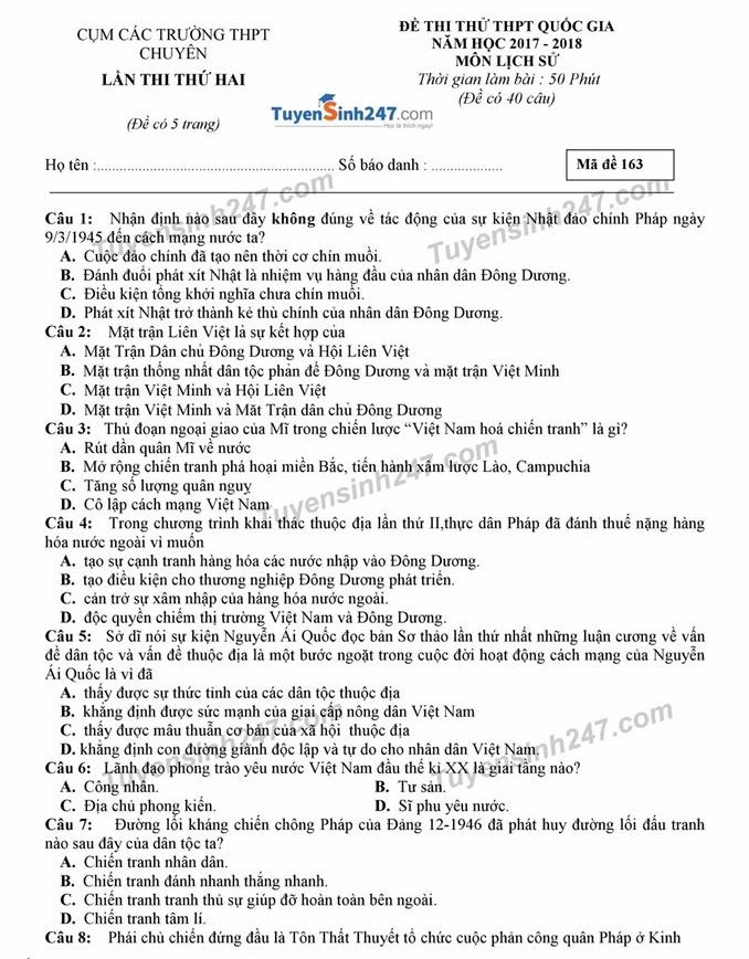 Đề thi thử THPT quốc gia 2018 môn Sử lần 2 cụm trường THPT chuyên - Ảnh 2.