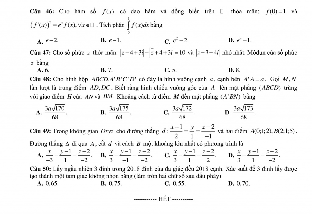 de thi thu thpt quoc gia 2018 mon toan lan 2 thpt chuyen tuyen quang co dap an