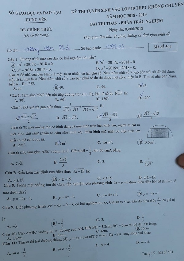 de thi vao lop 10 o hung yen mon toan se khong nhieu diem 10