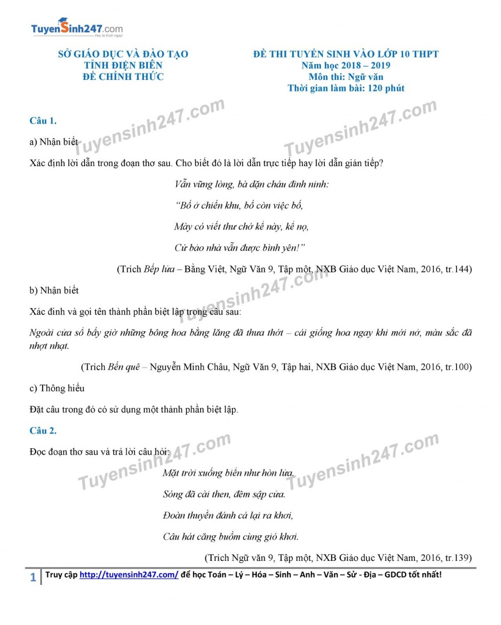 goi y dap an de tuyen sinh lop 10 mon ngu van so gddt dien bien nam 2018