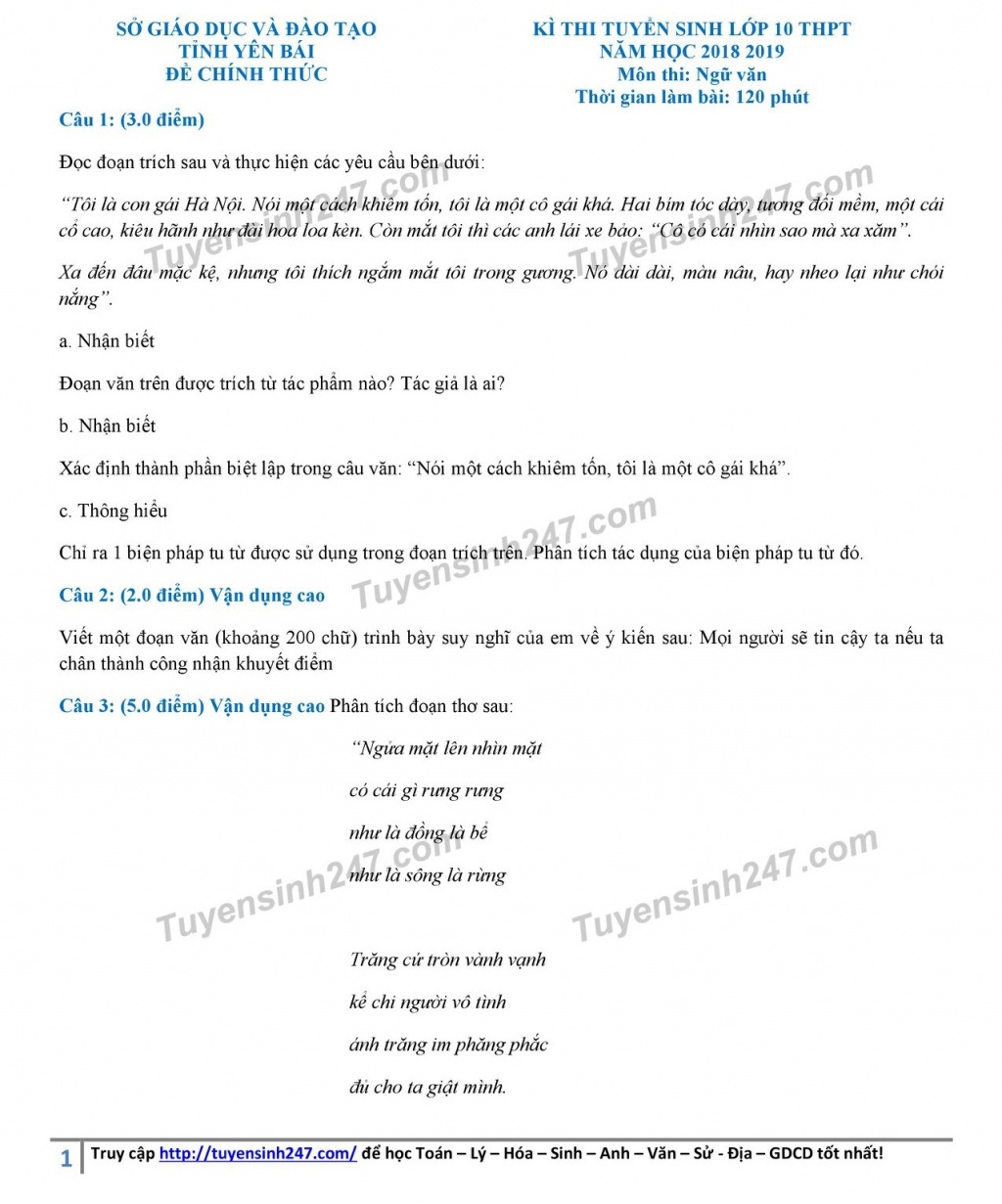 goi y dap an de tuyen sinh lop 10 mon ngu van so gddt yen bai