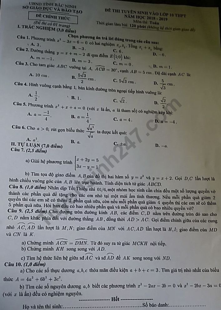 goi y dap an de thi tuyen sinh lop 10 mon toan so gddt bac ninh 2018