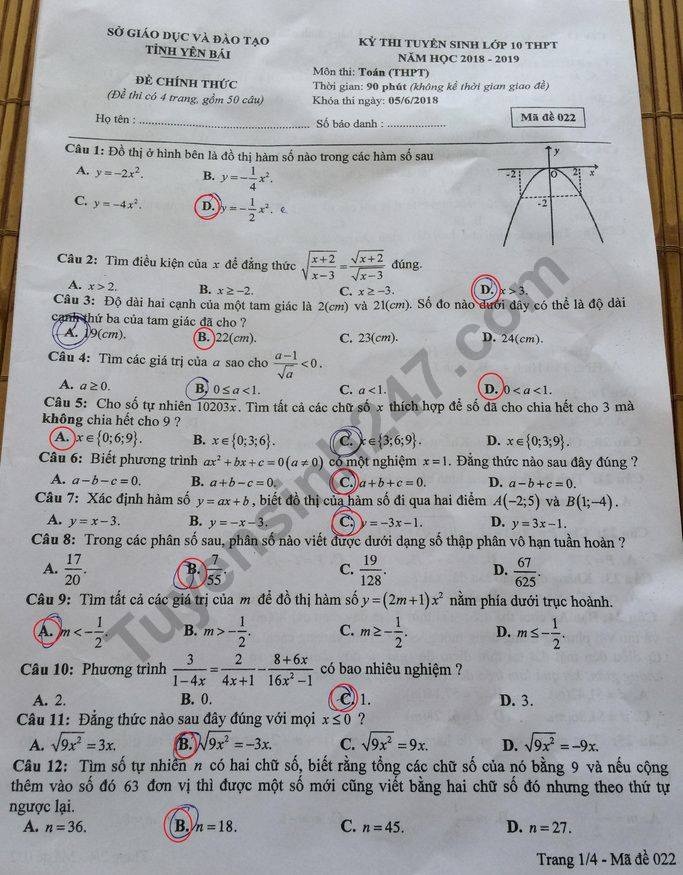 goi y dap an de tuyen sinh lop 10 mon toan so gddt yen bai