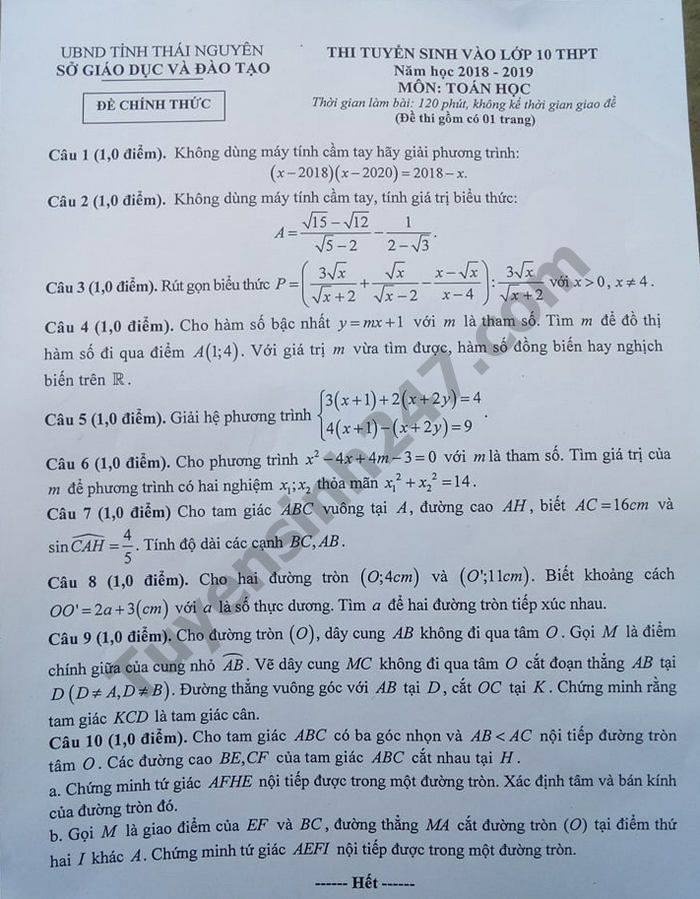 dap an de thi tuyen sinh lop 10 mon toan so gddt thai nguyen 2018