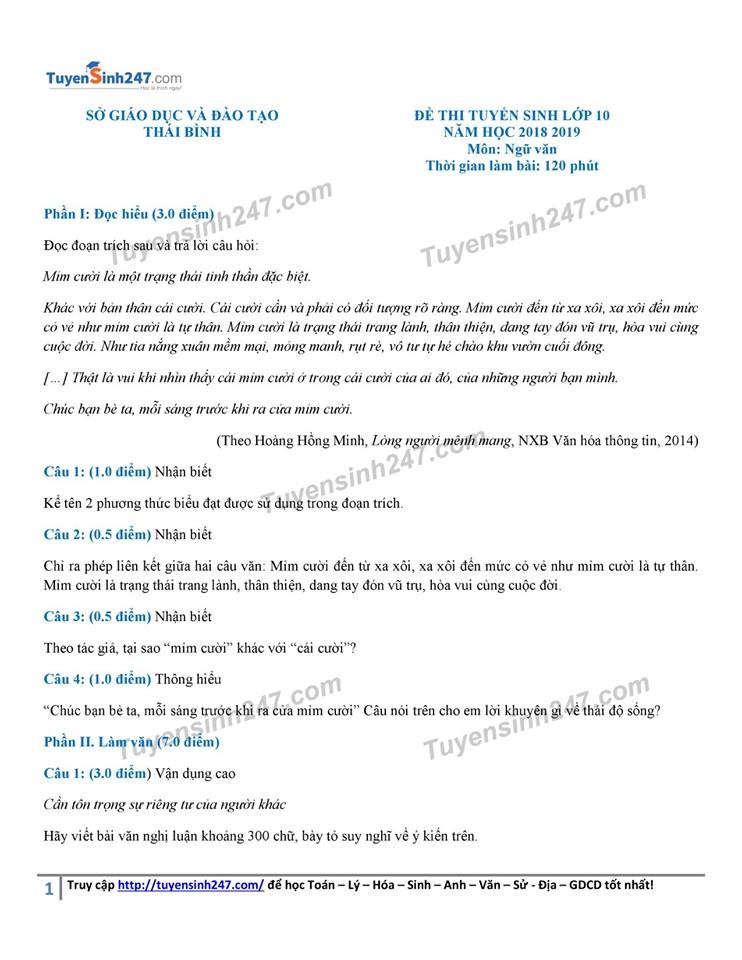 goi y dap an de thi tuyen sinh lop 10 mon van so gddt thai binh 2018