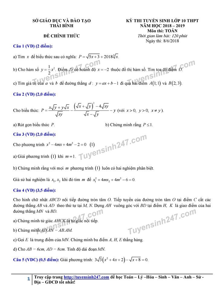 goi y dap an de thi tuyen sinh lop 10 mon toan so gddt thai binh