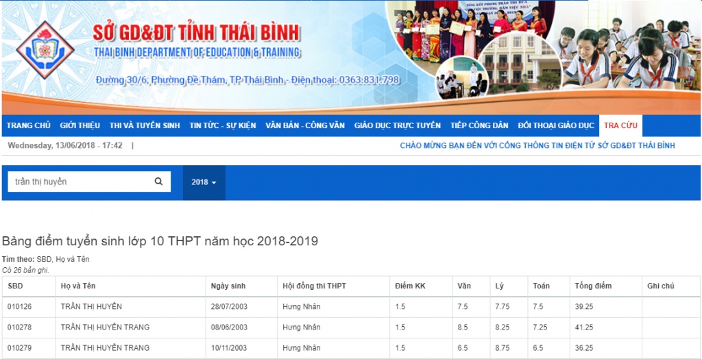 chinh thuc cong bo diem thi vao lop 10 so gddt thai binh nam 2018 2019