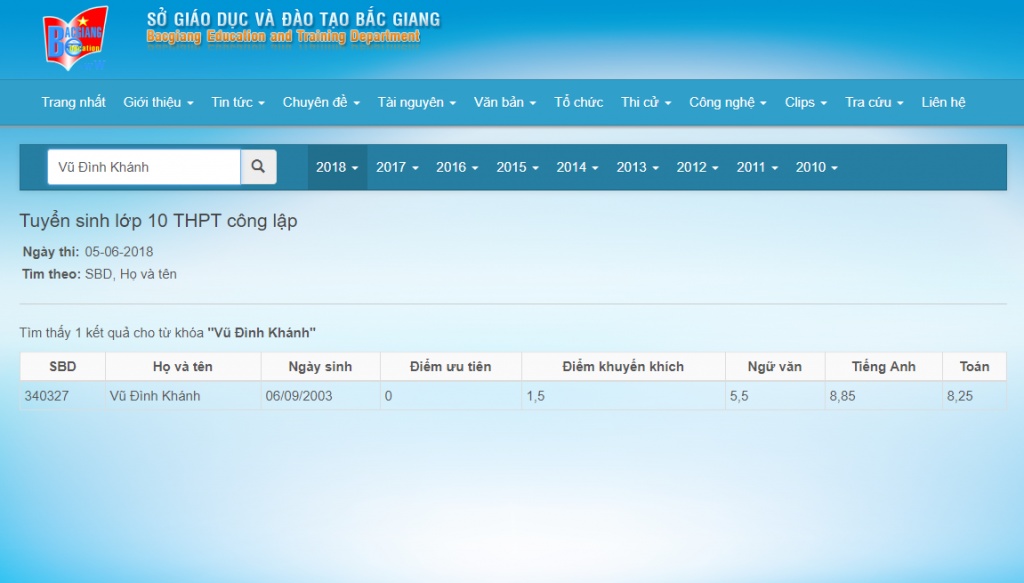 bac giang cong bo diem thi vao lop 10 nam 2018