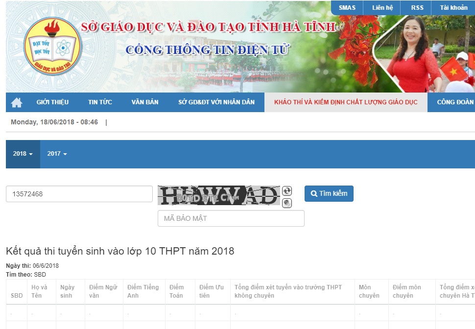 ha tinh cong bo diem thi vao lop 10 nam hoc 2018 2019