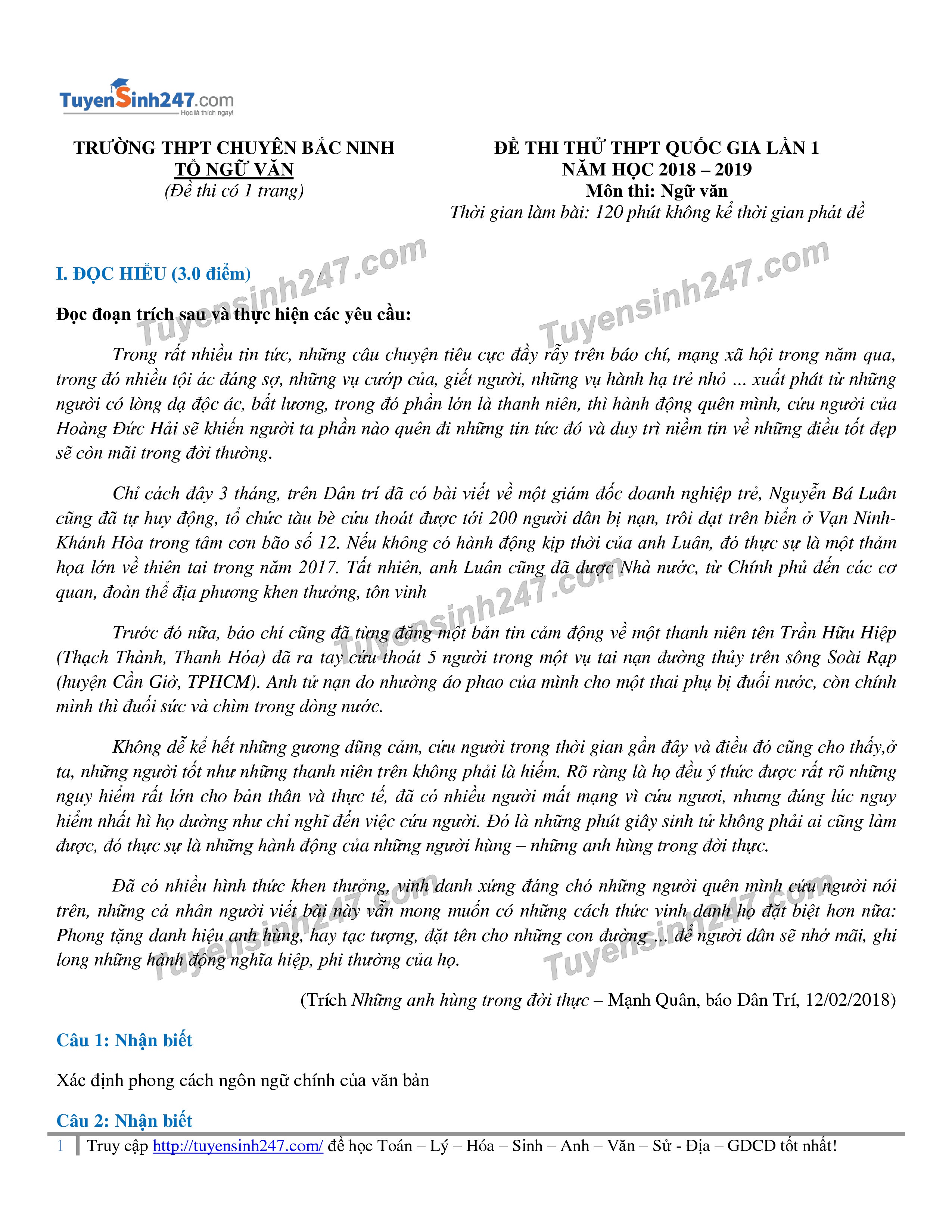 dap an de thi thu thpt quoc gia 2019 mon van lan 1 thpt chuyen bac ninh