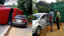 Xe container lật nghiêng, ‘đè’ hai ô tô đi ngược chiều