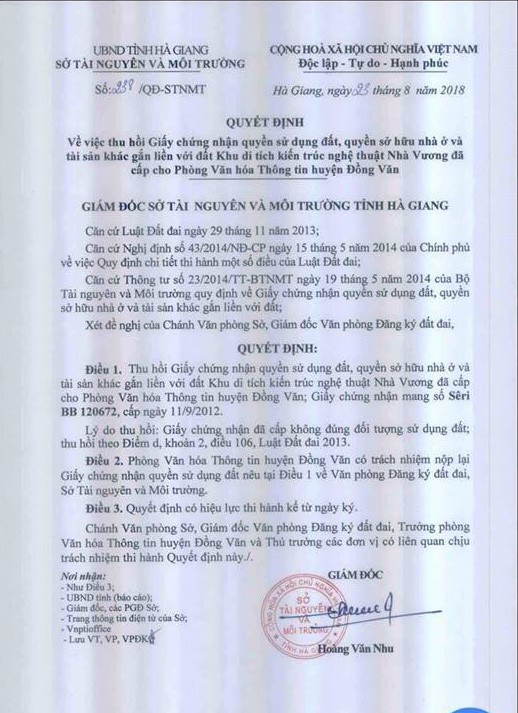 thu hoi so do dinh thu vua meo cap cho phong van hoa thong tin dong van