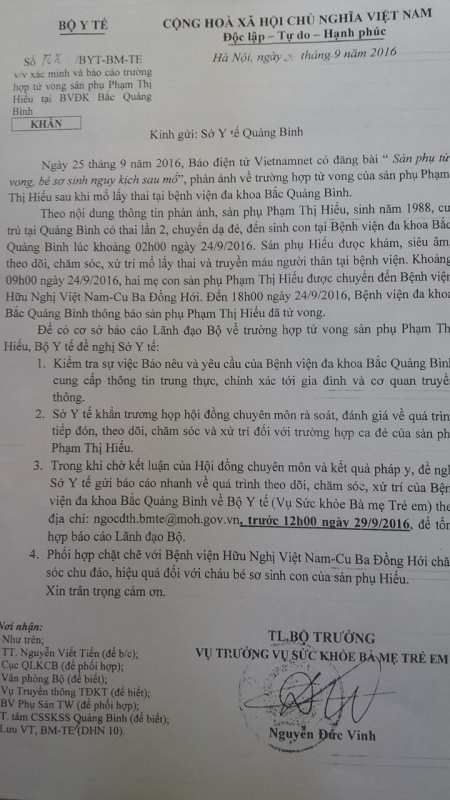 bo y te yeu cau lam ro 2 me con tu vong bat thuong o quang binh