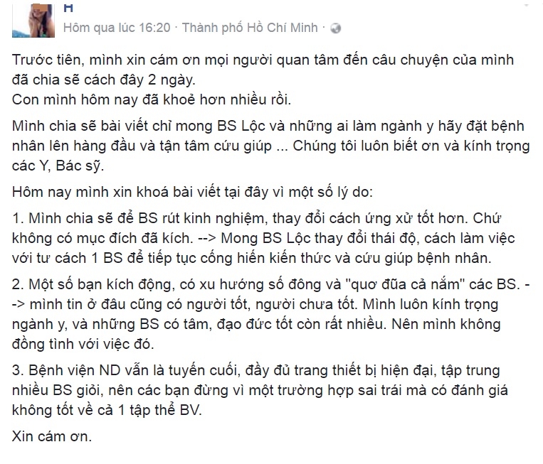 vu bac si bo mac benh nhi gia dinh benh nhan chap nhan loi xin loi cua benh vien