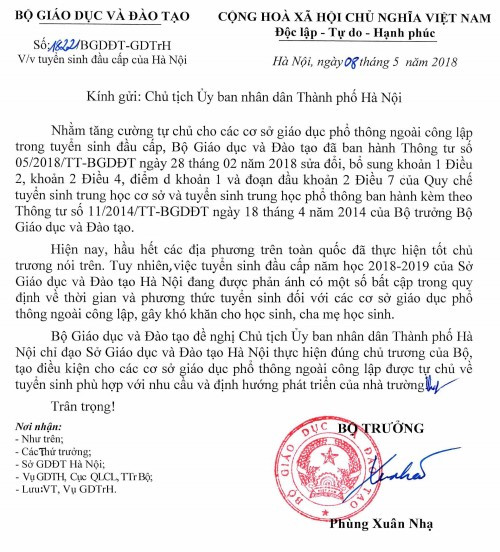 bo gddt de nghi ha noi thuc hien dung chu truong ve tuyen sinh dau cap