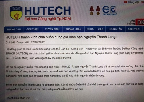 dai hoc hutech xac nhan nam sinh vien chet do su co