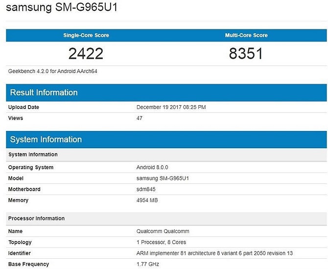 geekbench snapdragon 845 chay tren samsung galaxy s9 dat diem benchmark rat an tuong