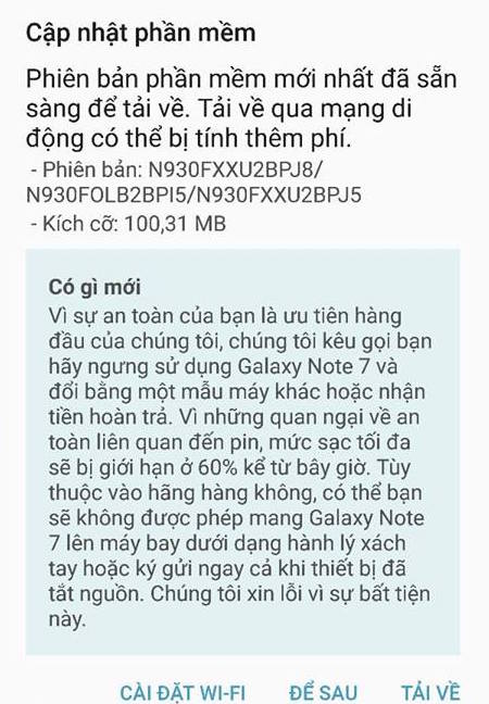 galaxy note7 tai viet nam bat dau nhan ban cap nhat han che sac pin khien nguoi dung buoc phai doi may