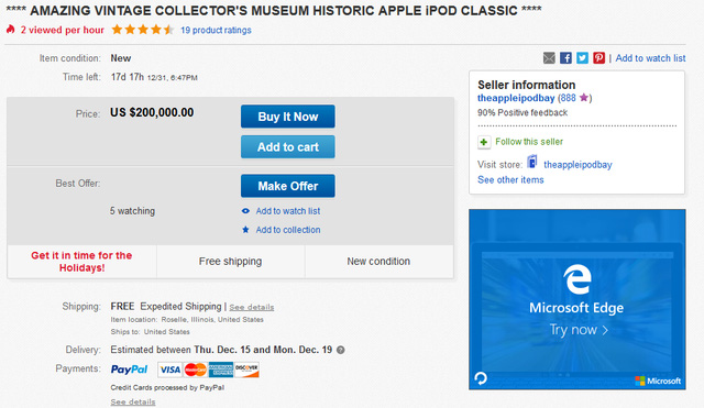 mot chiec ipod doi dau con nguyen seal duoc ban voi gia 200000 usd tren ebay