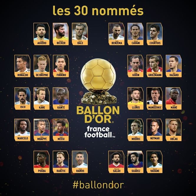 qua bong vang 2018 france football cong bo 30 ung vien
