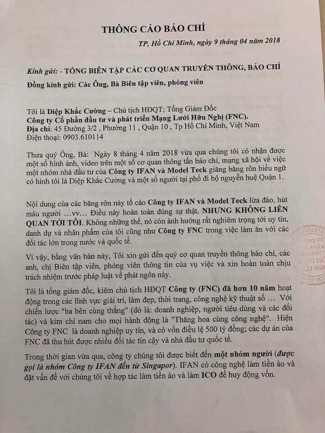 ong diep khac cuong tuyen bo khong lien quan den ifan