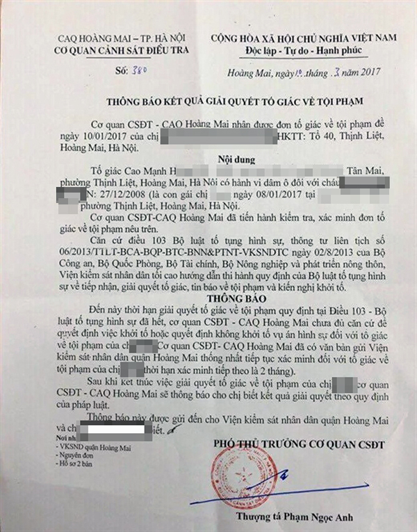 cong an xac minh vu nghi van chau be 8 tuoi bi xam hai o ha noi