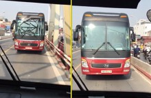 Đi vào đường ngược chiều, xe khách bật đèn khẩn cấp lùi trên cầu Chương Dương