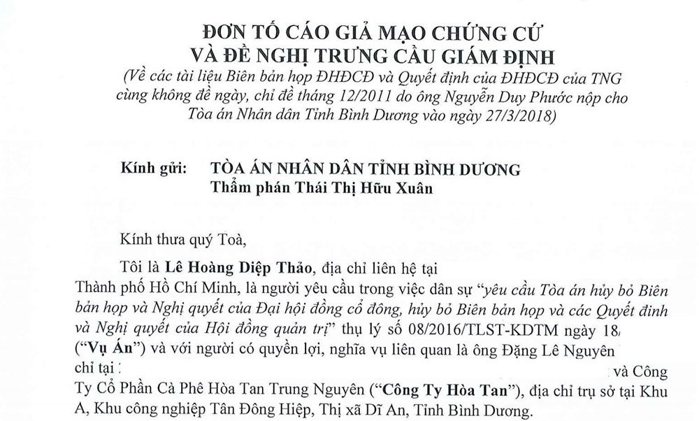Bà Diệp Thảo tố cáo hình sự vụ tranh chấp tại Trung Nguyên ba diep thao to cao hinh su vu tranh chap tai trung nguyen